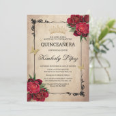 Elegante Quinceanera Rote Rose Einladung (Stehend Vorderseite)