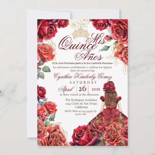 Elegante Quinceanera - Rote Rose Gold Einladung (Vorderseite)