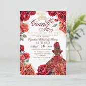 Elegante Quinceanera - Rote Rose Gold Einladung (Stehend Vorderseite)