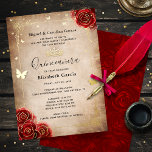 Elegante Quinceanera Rote Rose Gold Folieneinladung<br><div class="desc">Erstellen Sie Ihre eigenen eleganten Rot Quinceanera-Einladungen in Echtgoldfolie (auch in Silber und Rose Gold erhältlich). Die Vintage Blumenkunst von Raphaela Wilson zeigt dramatische dunkelrote Aquarellfarben-Rose, funkelnde Schmetterlingskonfetti, eine filigrane Kleider-Grenze und eine königliche Prinzessenkrone / Tiara. Behalt den Hintergrund des alten Bildlaufpapiers oder füge eine eigene Textur oder ein eigenes...</div>