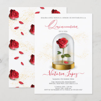 Elegante Quinceañera Rote Rose im Spanischen Einla Einladung