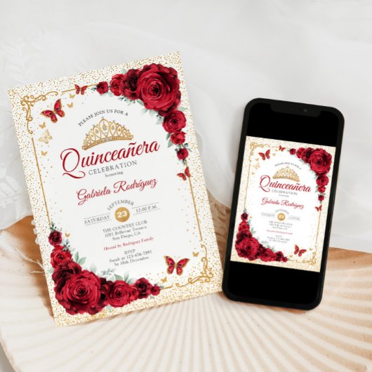 Elegante Quinceanera Rote Rosen Gold White Einladung