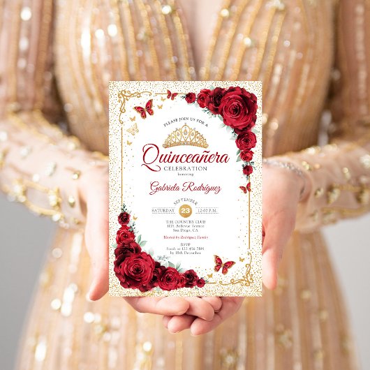 Elegante Quinceanera Rote Rosen Gold White Einladung