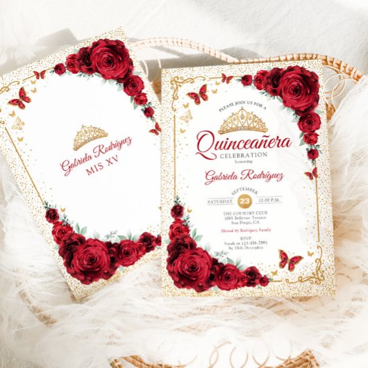 Elegante Quinceanera Rote Rosen Gold White Einladung