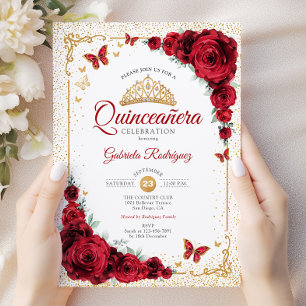 Elegante Quinceanera Rote Rosen Gold White Einladung