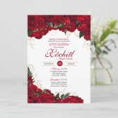 Elegante Quinceanera - Rote und goldene Rose Blume Einladung (Stehend Vorderseite)