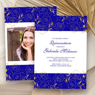 Elegante Quinceanera Royal Blau Gold Blumenfoto Einladung