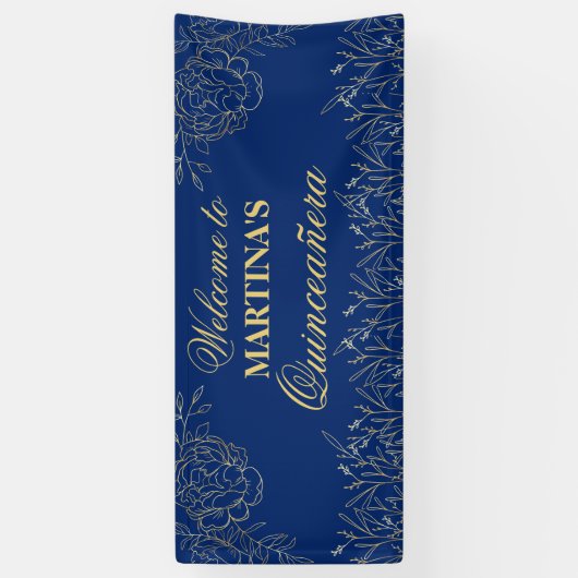Elegante Quinceanera Royal Blue Gold Floral Willko Banner (Vertikal)