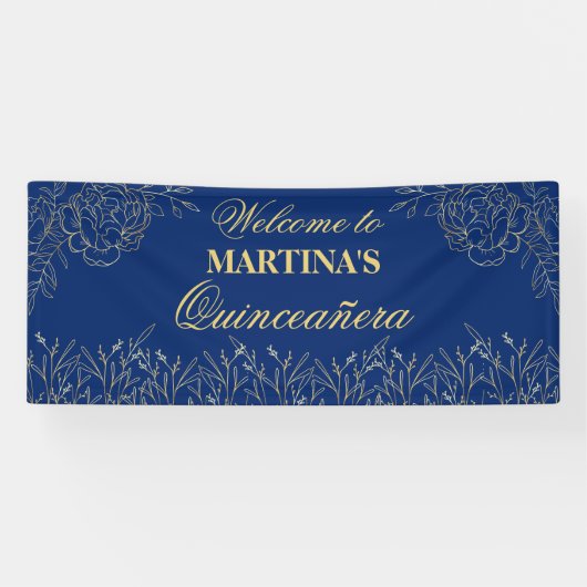 Elegante Quinceanera Royal Blue Gold Floral Willko Banner (Horizontal)