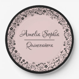 Elegante Quinceañera Schwarze Wirbel auf Blush PIn Pappteller