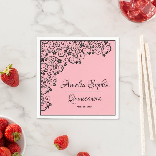 Elegante Quinceañera Schwarze Wirbel auf Rosa Serviette (Beispiel)