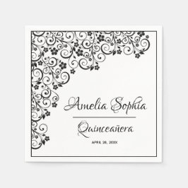 Elegante Quinceañera Schwarze Wirbel auf Weiß Serviette