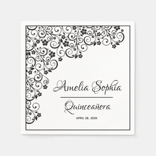 Elegante Quinceañera Schwarze Wirbel auf Weiß Serviette (Vorderseite)
