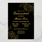 Elegante Quinceanera Sketch Blumen Schwarz und Gol Folieneinladung (Vorderseite)