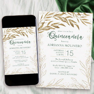 Elegante Quinceanera Smaragdgrün und Goldene Blätt Einladung