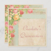 Elegante Quinceañera Vintage Rose Einladung (Vorne/Hinten)