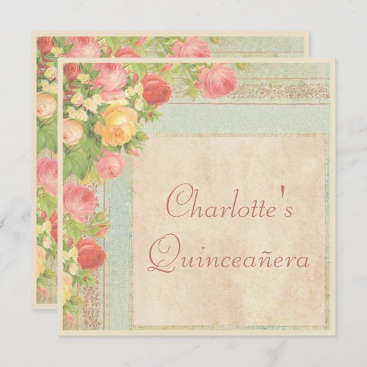 Elegante Quinceañera Vintage Rose Einladung (Vorne/Hinten)