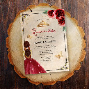 Elegante Quinceañera Vintage-Rote Rose in Echtgold Folieneinladung