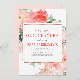 Elegante QUINCEAÑERA Wasserfarbe Pfirsich Korallen Einladung