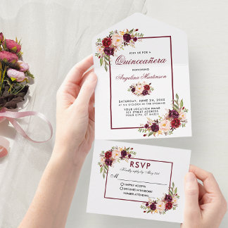 Elegante Quinceanera Watercolor Burgund Blütenwelt All In One Einladung