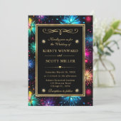 Elegante Rainbow Fireworks Gold Frame Wedding Einladung (Stehend Vorderseite)