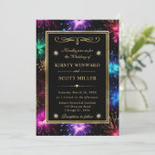 Elegante Rainbow Fireworks Gold Frame Wedding Einladung (Stehend Vorderseite)