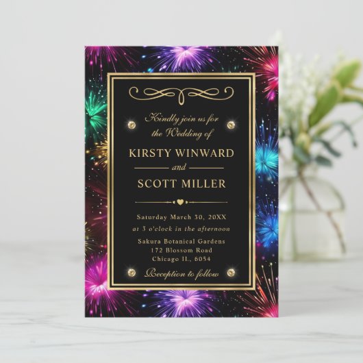 Elegante Rainbow Fireworks Gold Frame Wedding Einladung (Stehend Vorderseite)