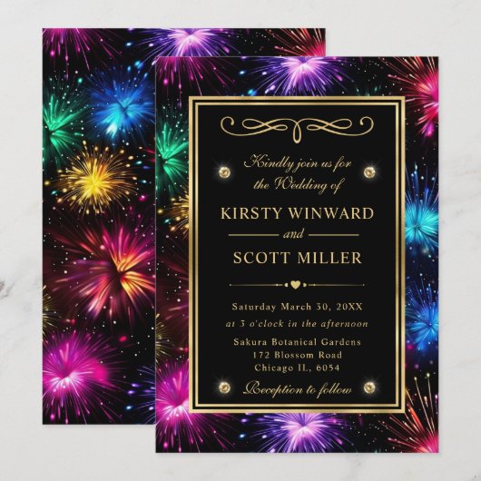 Elegante Rainbow Fireworks Gold Frame Wedding Einladung (Vorne/Hinten)