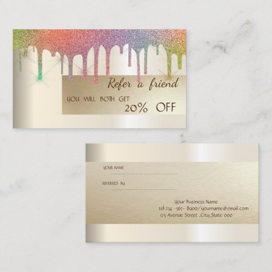Elegante Rainbow Glitzer Tropfen Empfehlungskarte (Vorne/Hinten)