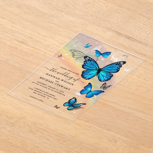 Elegante Rainbow Silver and Blue Butterfly Wedding Acryleinladungen (Ablage )