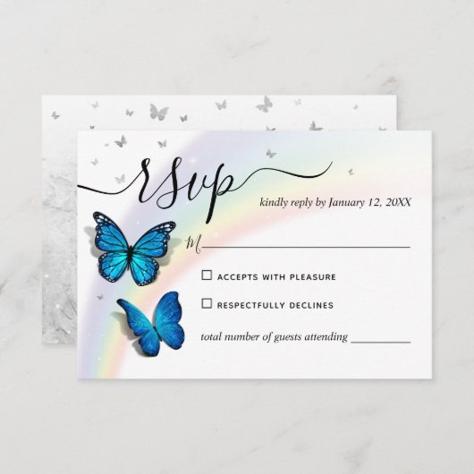 Elegante Rainbow Silver and Blue Butterfly Wedding RSVP Karte (Vorne/Hinten)