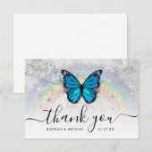Elegante Rainbow und Blue Butterfly Wedding Dankeskarte (Vorne/Hinten)