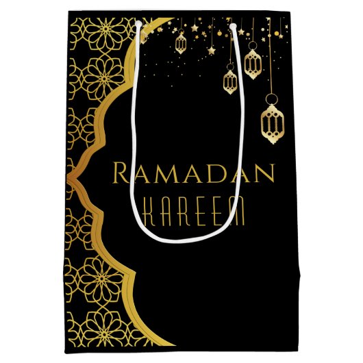 Elegante Ramadan Kareem Black Gold Medium Geschenk Mittlere Geschenktüte (Rückseite)