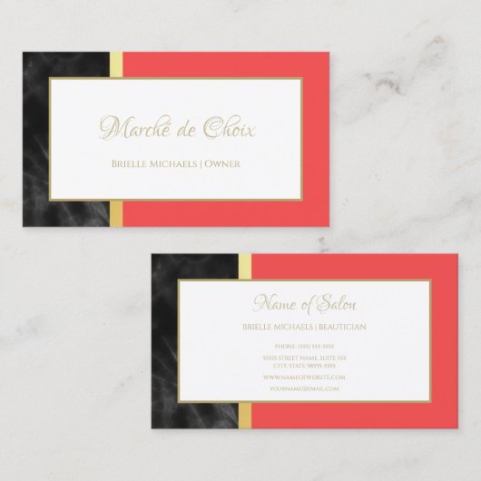 Elegante Red and Black Marble Gold Script Boutique Visitenkarte (Vorne/Hinten)
