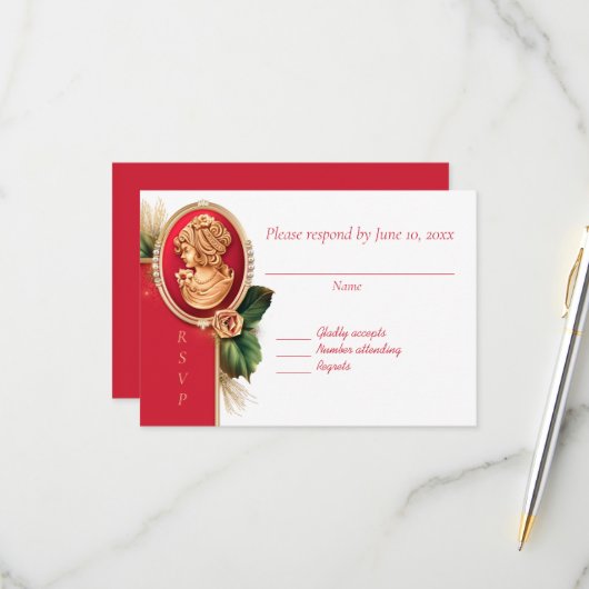 Elegante Red and Gold Cameo Wedding Response Card RSVP Karte (Vorderseite/Rückseite Beispiel)