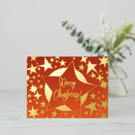 Elegante Red and Gold Script Frohe Weihnachtsstars Folien Feiertagspostkarte