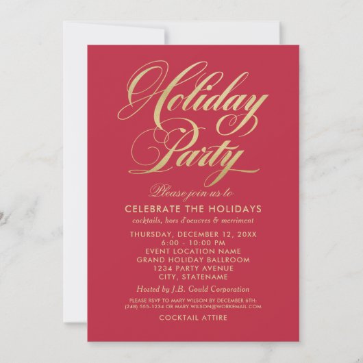 Elegante Red and Gold Script Holiday Party Einladung (Vorderseite)