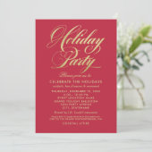 Elegante Red and Gold Script Holiday Party Einladung (Stehend Vorderseite)