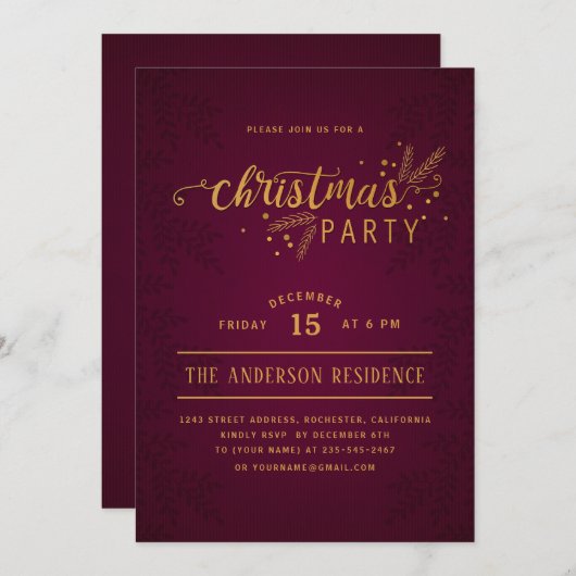 Elegante Red and Gold Weihnachtsfeier Einladung (Vorne/Hinten)