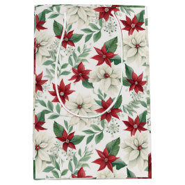 Elegante Red and Green Poinsettia Holiday Gift Bag Mittlere Geschenktüte