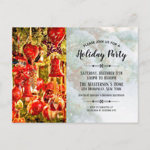Elegante Red Baubles and Bells Holiday Party Einladungspostkarte
