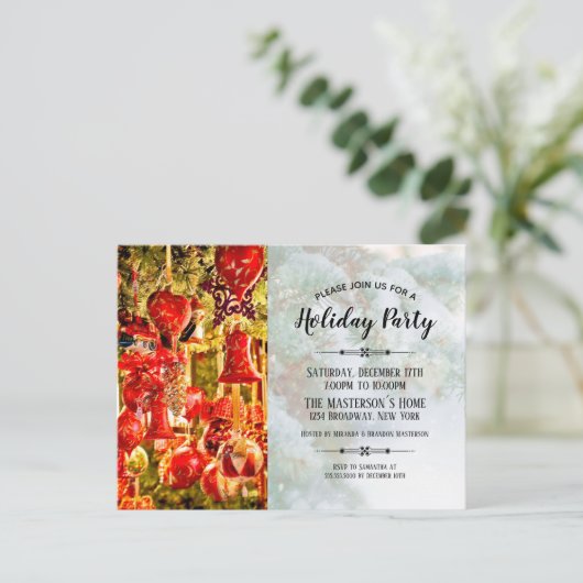 Elegante Red Baubles and Bells Holiday Party Einladungspostkarte (Stehend Vorderseite)