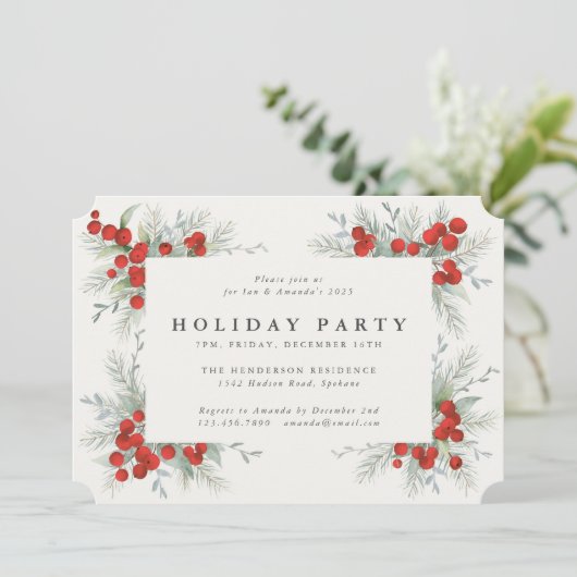 Elegante Red Berries Weihnachtsfeier Einladung (Stehend Vorderseite)