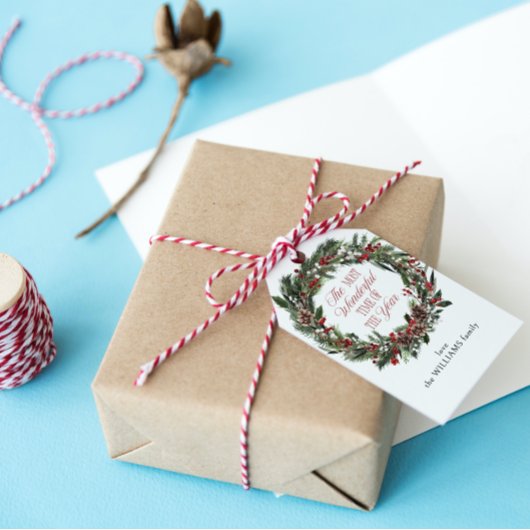 Elegante Red Berry Watercolor Wreath Weihnachten Geschenkanhänger