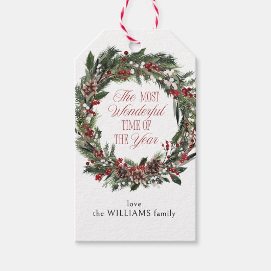 Elegante Red Berry Watercolor Wreath Weihnachten Geschenkanhänger (Vorderseite)