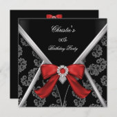 Elegante Red Black Damask Bow Birthday Party Einladung (Vorne/Hinten)