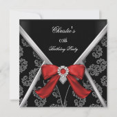 Elegante Red Black Damask Bow Birthday Party Einladung (Vorderseite)