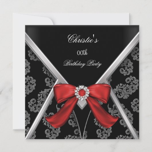 Elegante Red Black Damask Bow Birthday Party Einladung (Vorderseite)