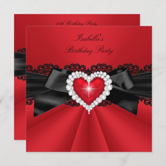Elegante Red Black Heart Birthday Party Einladung (Vorne/Hinten)