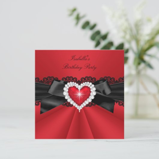 Elegante Red Black Heart Birthday Party Einladung (Stehend Vorderseite)